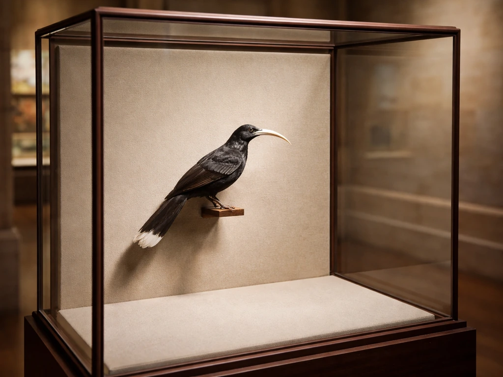 Museum glass case showing a huia taxidermy specimen on display, indicating the species is extinct.