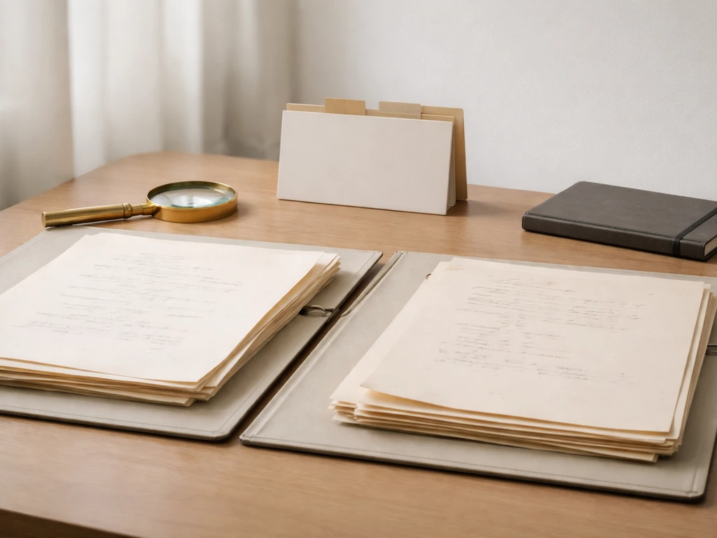 Open folders of old documents beside a muted timeline in an office setting, symbolizing differing extinction dates