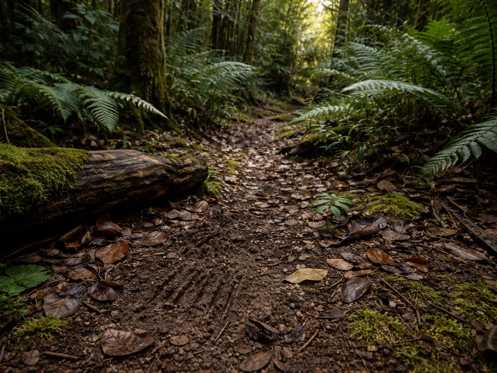 Mossy New Zealand rainforest floor with leaf litter and faint claw-scratched soil suggesting ground-level predation