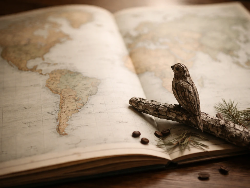 Minimal photo-style scene suggesting Neotropical origin of potoo birds across the Americas