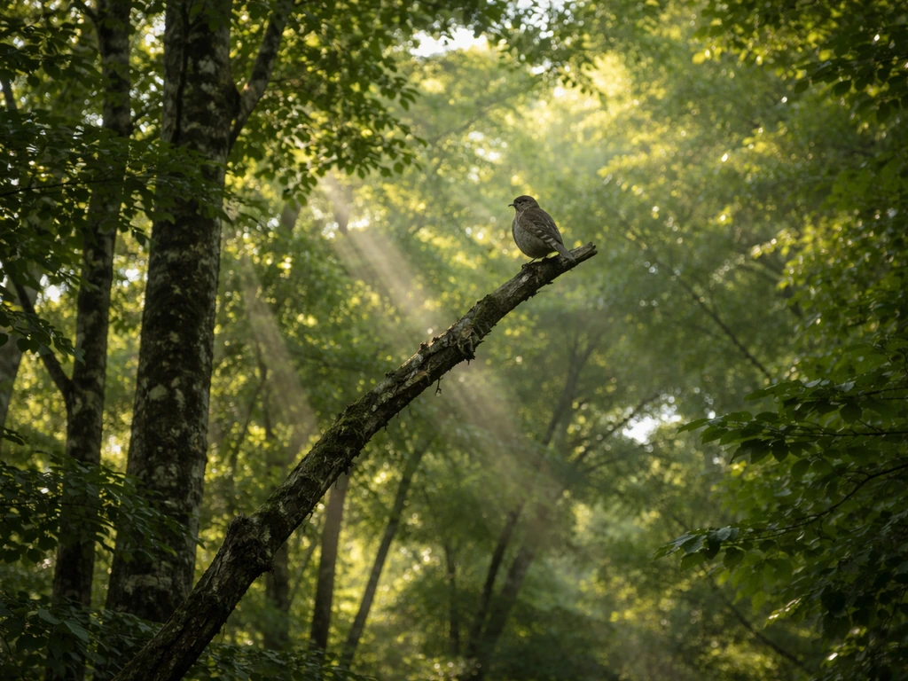 Small nightjar-like bird perched high on an upper-crown branch at the forest edge under sunlit canopy.