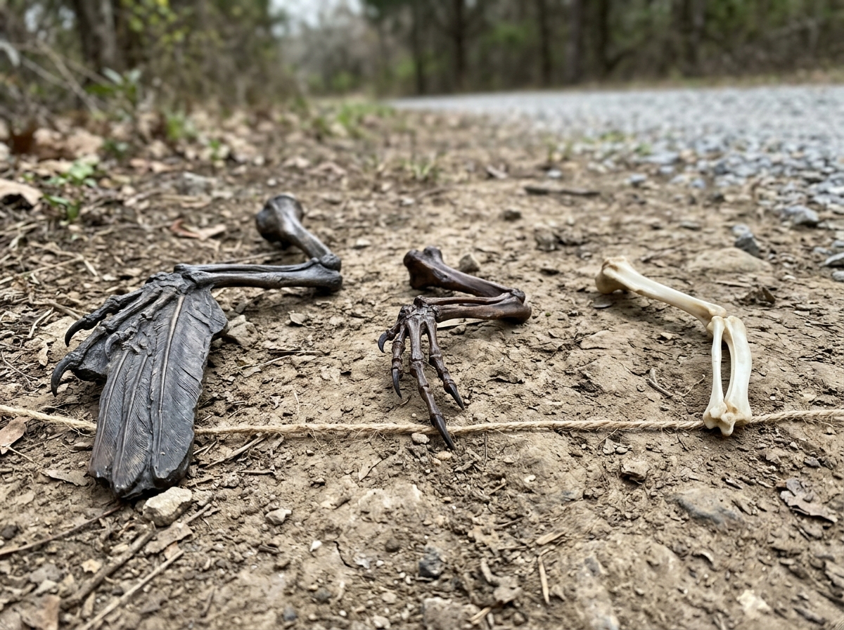 Fossil-replica bird bones arranged left-to-right to suggest an evolutionary timeline.