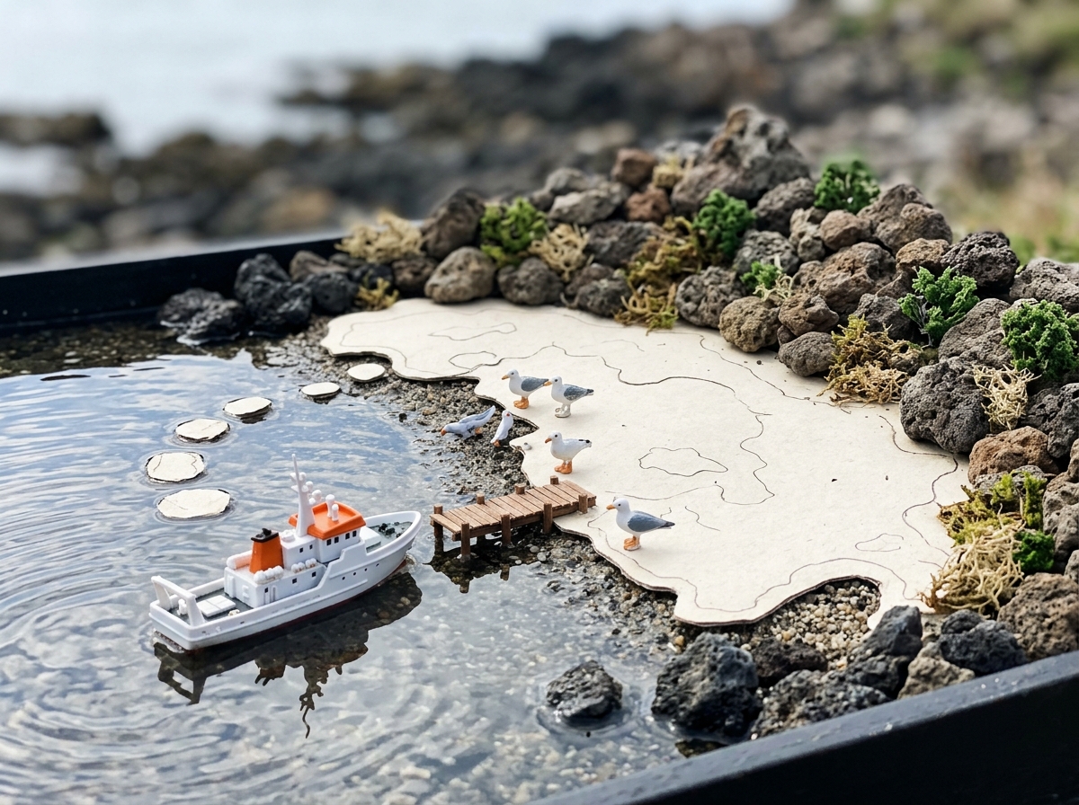 Boat heading toward a rocky volcanic island model to represent stepping-stone colonization.