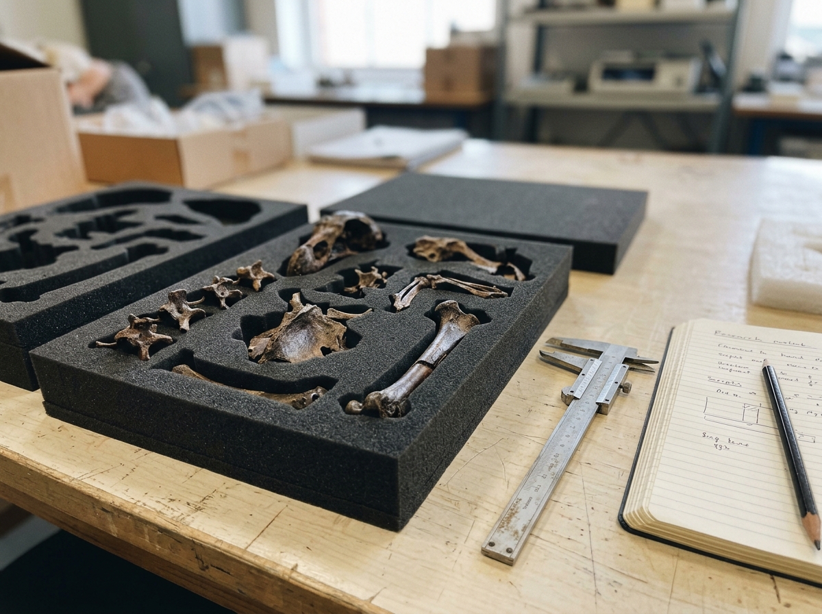 Dodo bones in museum foam trays with calipers on a work surface.