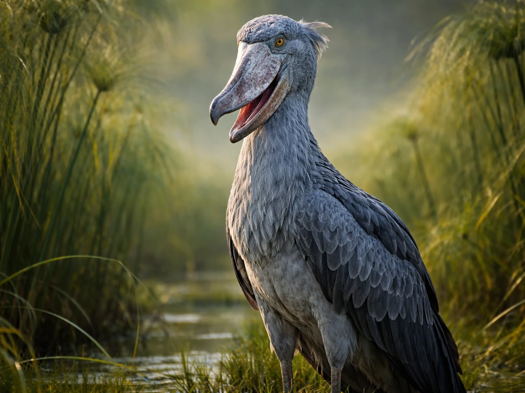 Shoebill standing in a papyrus swamp with dramatic light, prominent in frame.
