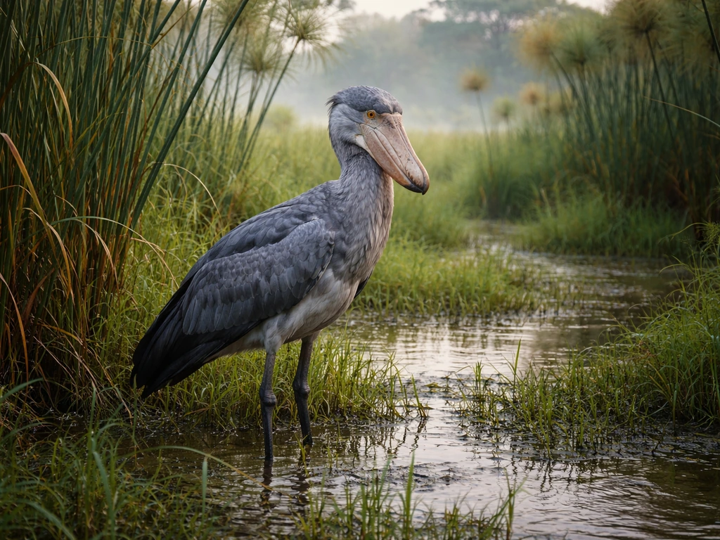 Shoebill standing in a flooded papyrus swamp with shallow water and dense green reeds around it.