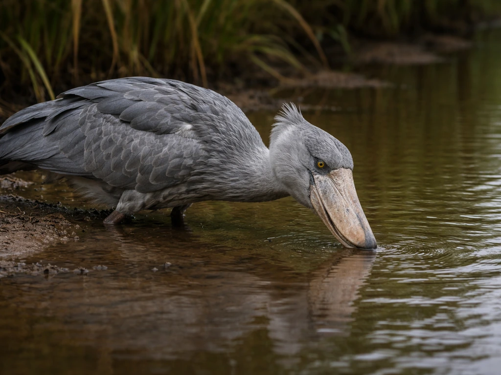 Shoebill standing in shallow water, neck extended and bill aimed as it prepares to strike