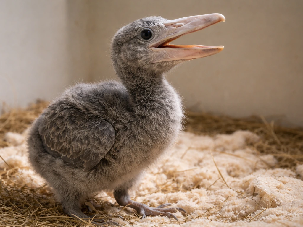 Juvenile shoebill chick in a wildlife-care enclosure with bill raised in a begging-like response.