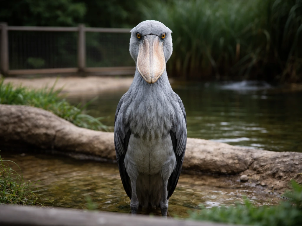 Shoebill bird in a zoo enclosure, motionless and staring, with a faint hint of wild hunting realism behind