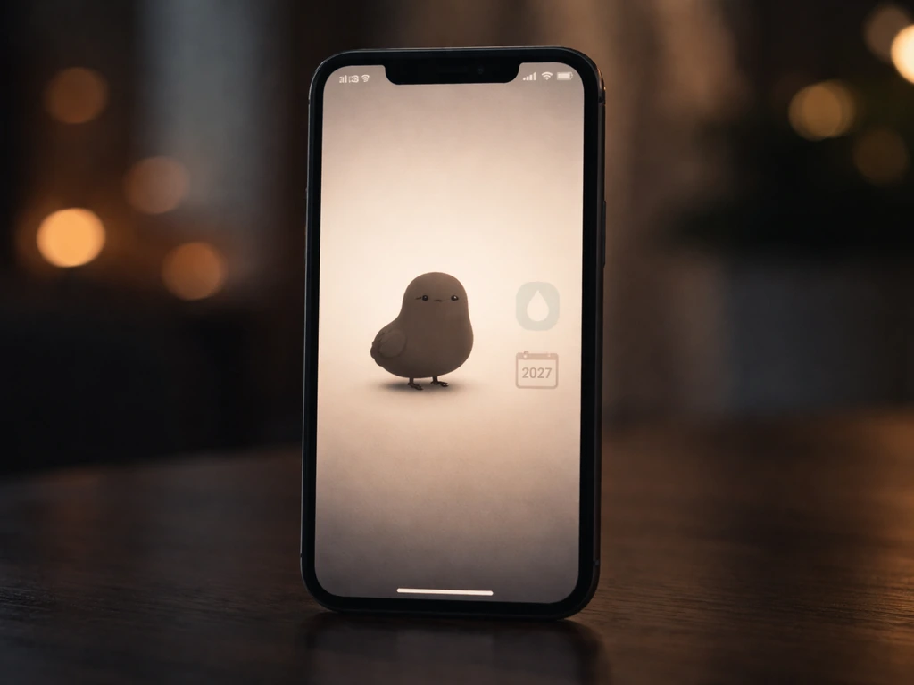 Minimal smartphone mockup showing a vague meme bird silhouette with blurred alternative label icons.