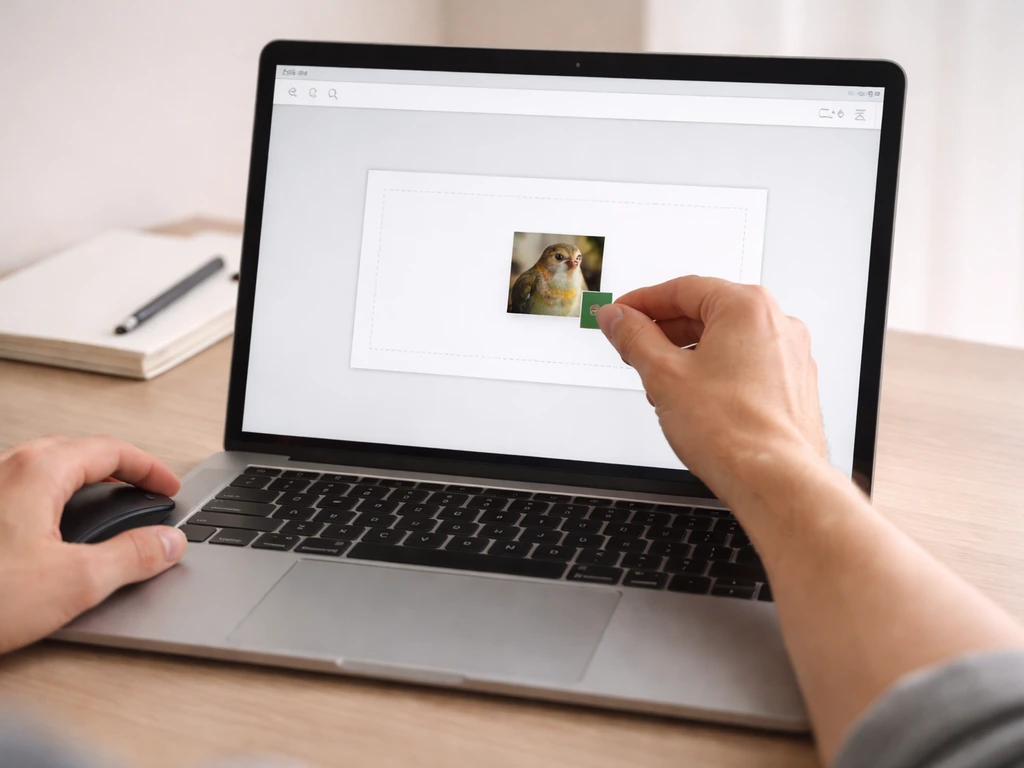 Hands dragging a bird photo thumbnail on a laptop to perform a reverse image search.