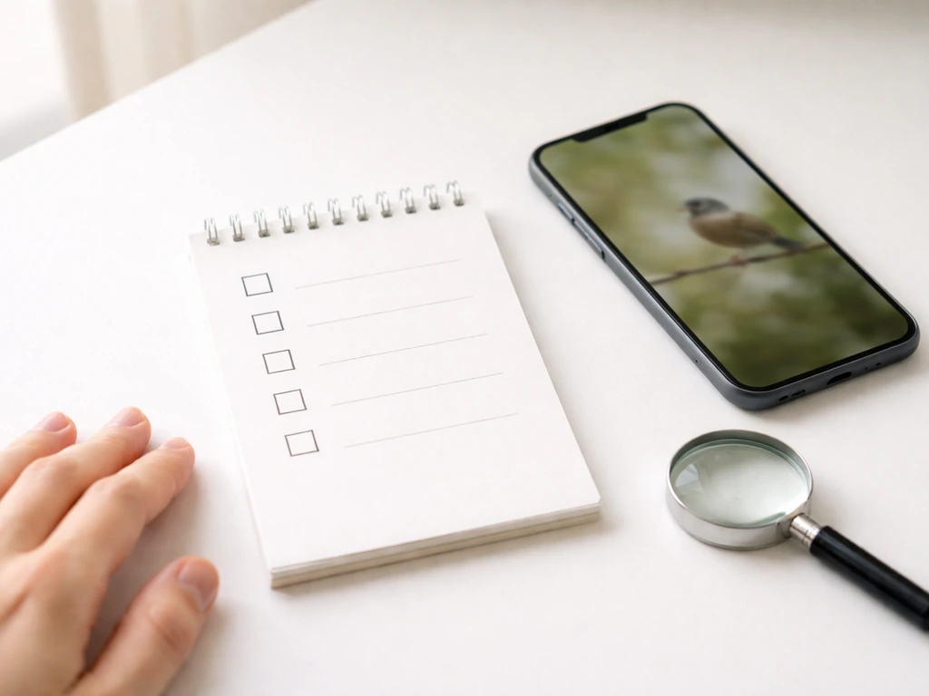 Minimal desk scene with a smartphone showing a bird photo review, suggesting a quick verification checklist.