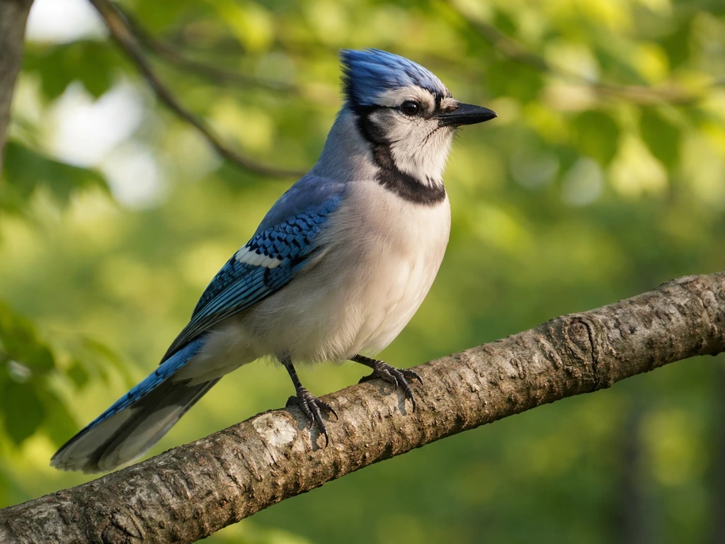 Vivid blue jay perched on a backyard tree branch, natural light, calm and thriving atmosphere