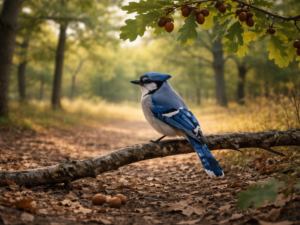 Blue jay in a quiet woodland edge with scattered oaks and fallen acorns on the ground