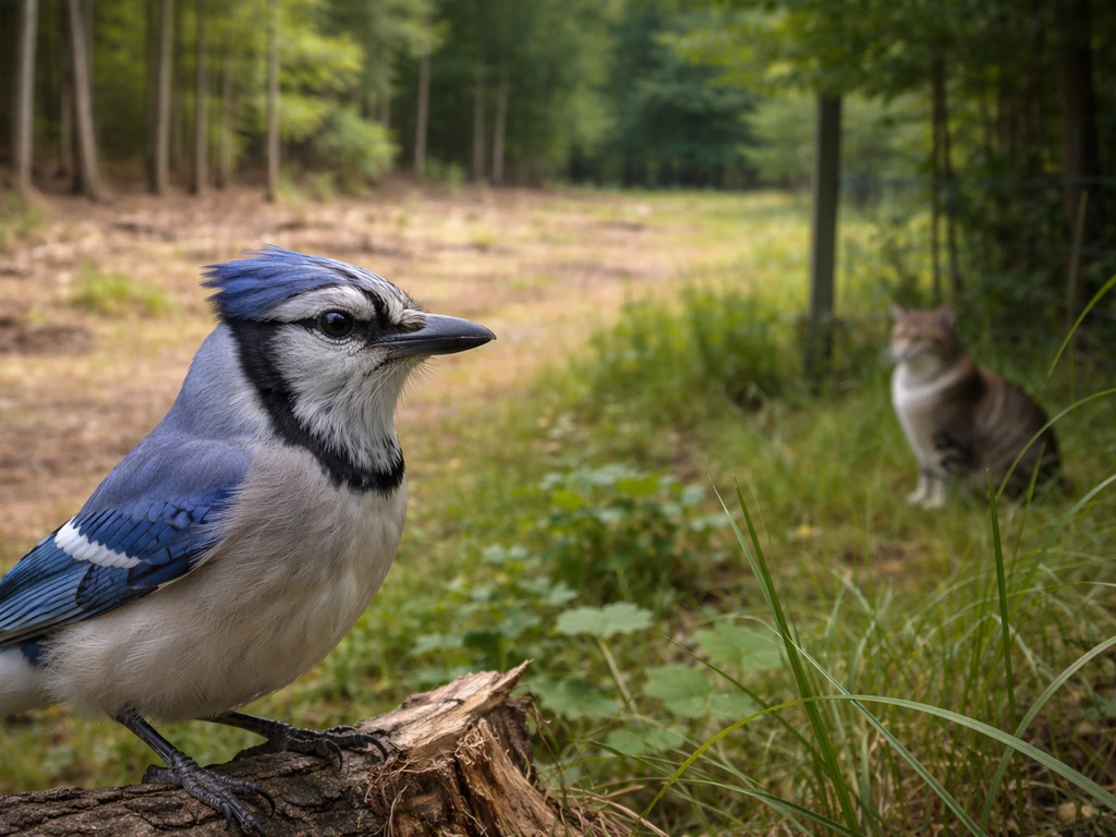 Blue jay in sharp focus near fragmented woods edge as an outdoor cat waits by a fence.