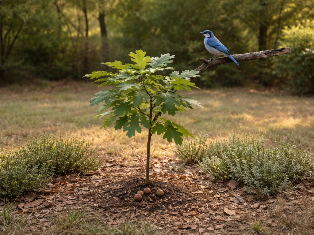 Blue jay perched by a small native oak sapling with acorns in a simple backyard with native shrubs.