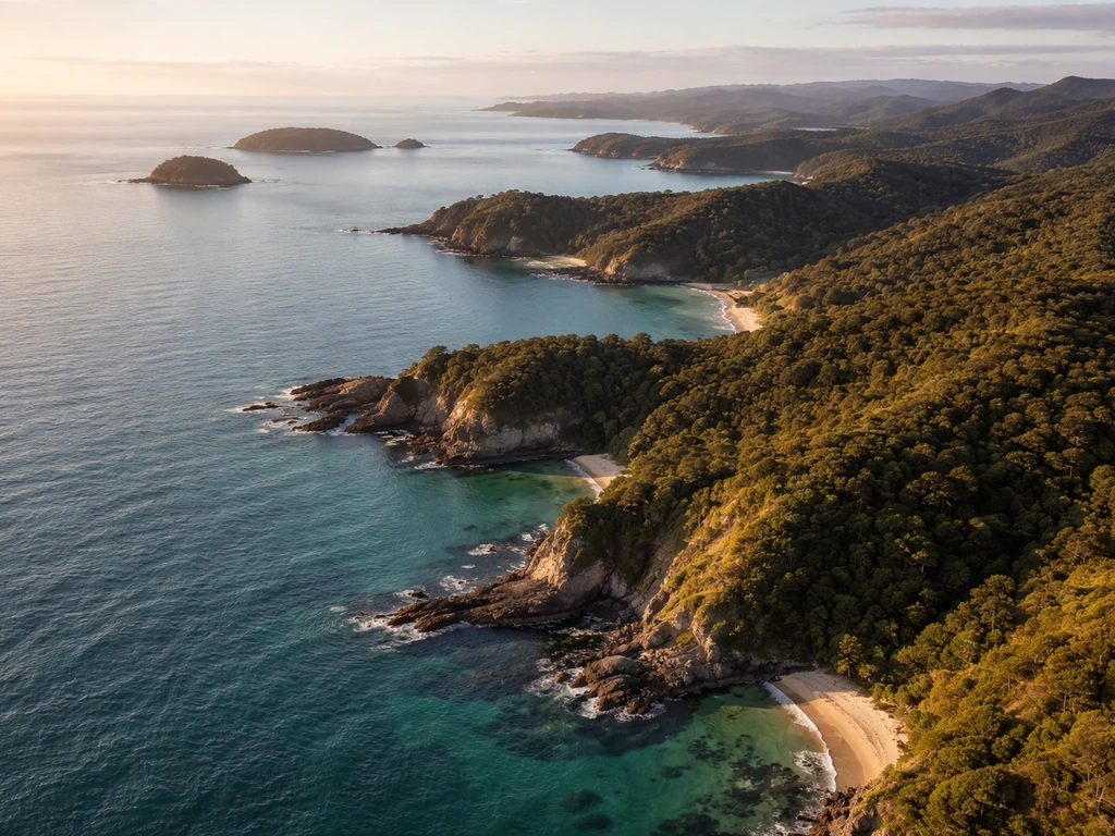 Golden-hour aerial view of New Zealand coast and small offshore islands with varied terrain.