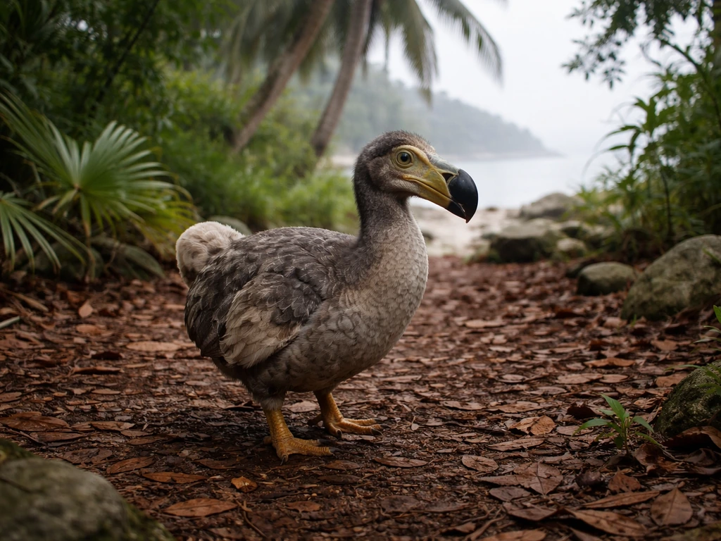 Realistic dodo bird in a quiet island habitat with ocean mist in the distance