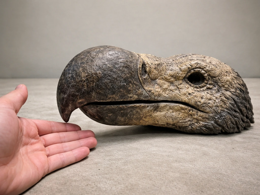 Close-up of a life-size hooked beak replica next to a hand for scale on a plain background.