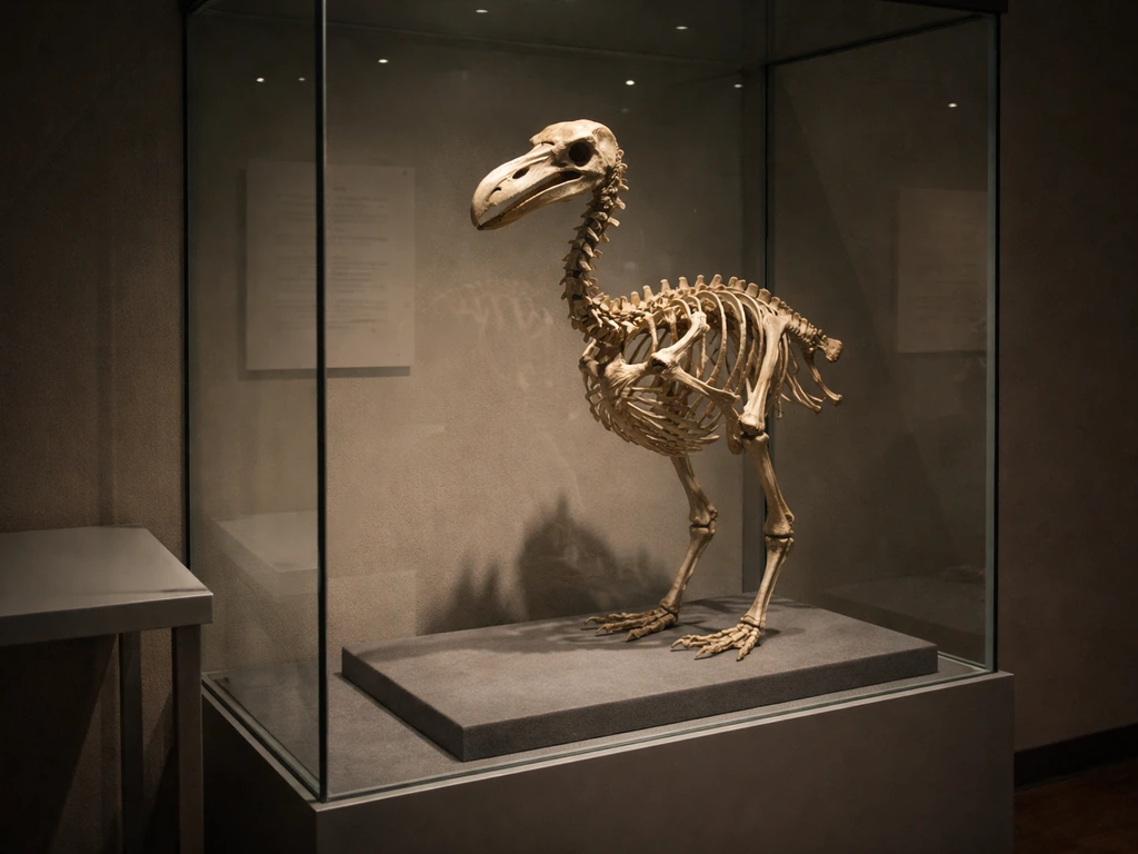 Glass museum display case with a preserved dodo skeleton/replica, showing how it’s contained safely.