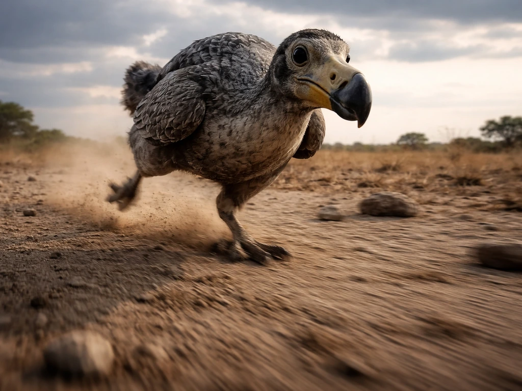 Generic prehistoric dodo-like bird sprinting across barren ground with wings tucked and dust kicked up.