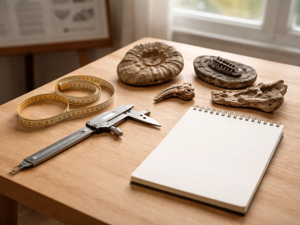 Paleontologist’s desk with fossil replicas and calipers, suggesting modeling animal speed from motion mechanics.