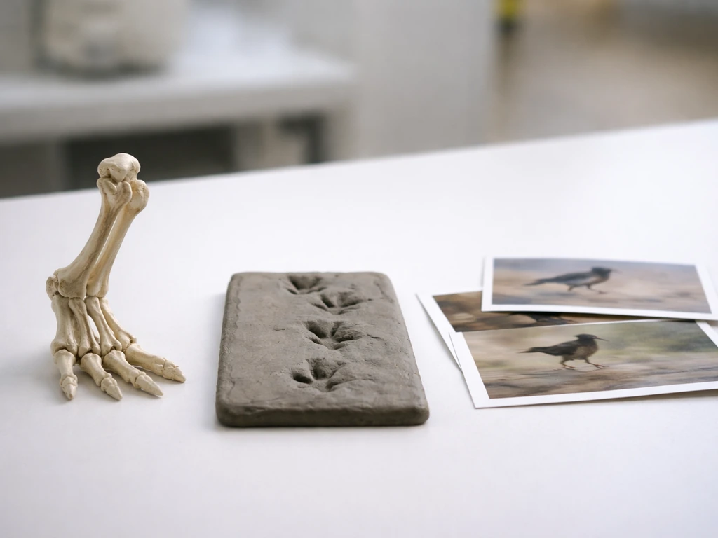 Three-part physical science comparison: fossil-like hindlimb model, a foot/stride track replica, and blurred bird-gait p