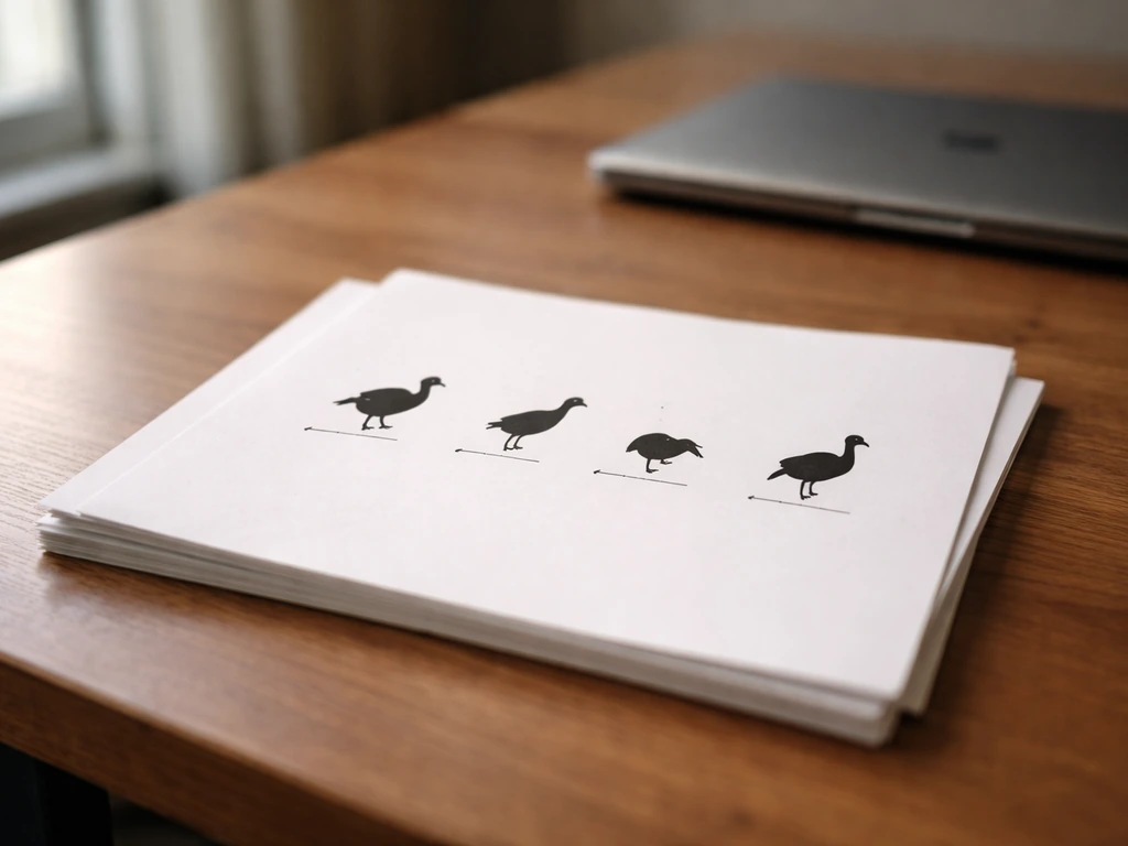Minimal office desk scene with four anonymous bird silhouettes on a single sheet symbolizing flightless-bird speed compa