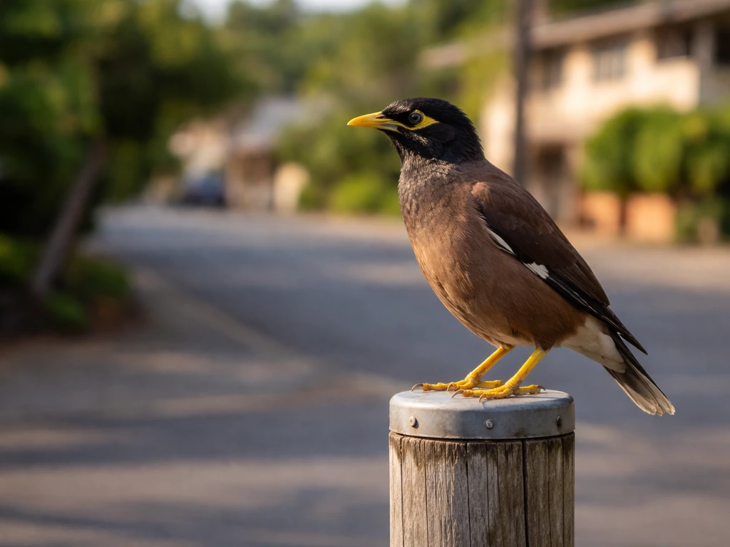 Common myna perched on a street in Hawaii, showing distinctive dark head and yellow bill tip features.