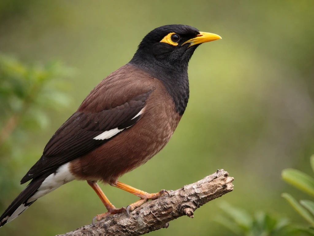 Close-up of a common myna on a branch, showing black hood, maroon-brown body, and white wing patch.