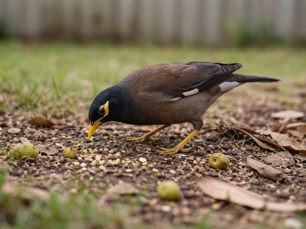 Common myna foraging on leaf litter near seeds and fallen fruit in a quiet backyard yard.