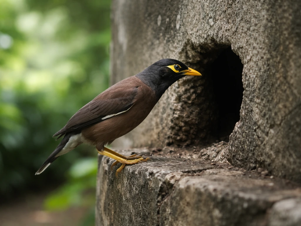 A common myna perched near a rough nest cavity in a tropical courtyard, suggesting nest raiding pressure.