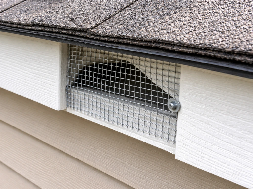 Close-up of a house eave where hardware cloth blocks a gap near a roof vent to deter nesting.