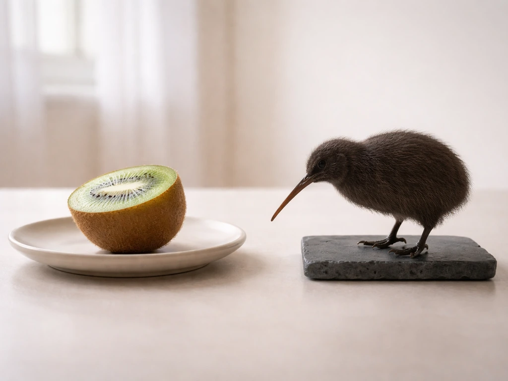 Side-by-side kiwi fruit and kiwi bird silhouette on a minimal tabletop under natural light.