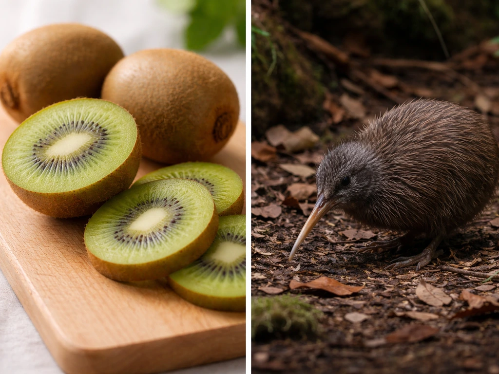 Split view: kiwifruit on a cutting board and a small kiwi bird in a dim natural habitat.