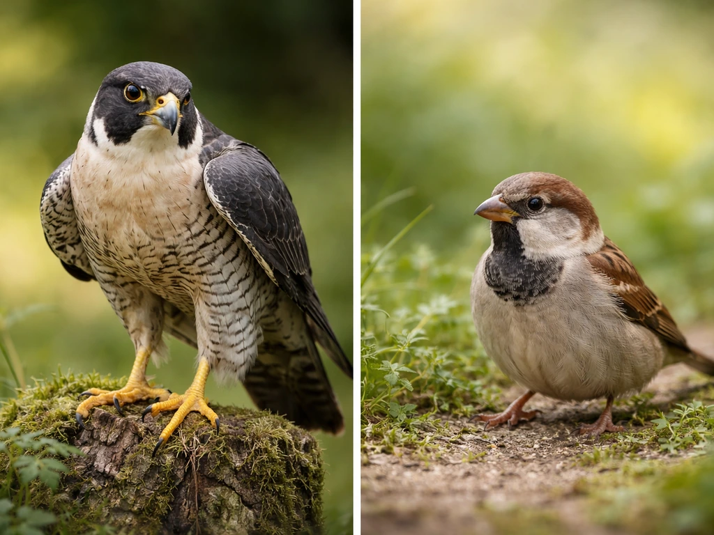 Split image: a bird of prey on one side and a harmless small bird on the other, outdoors