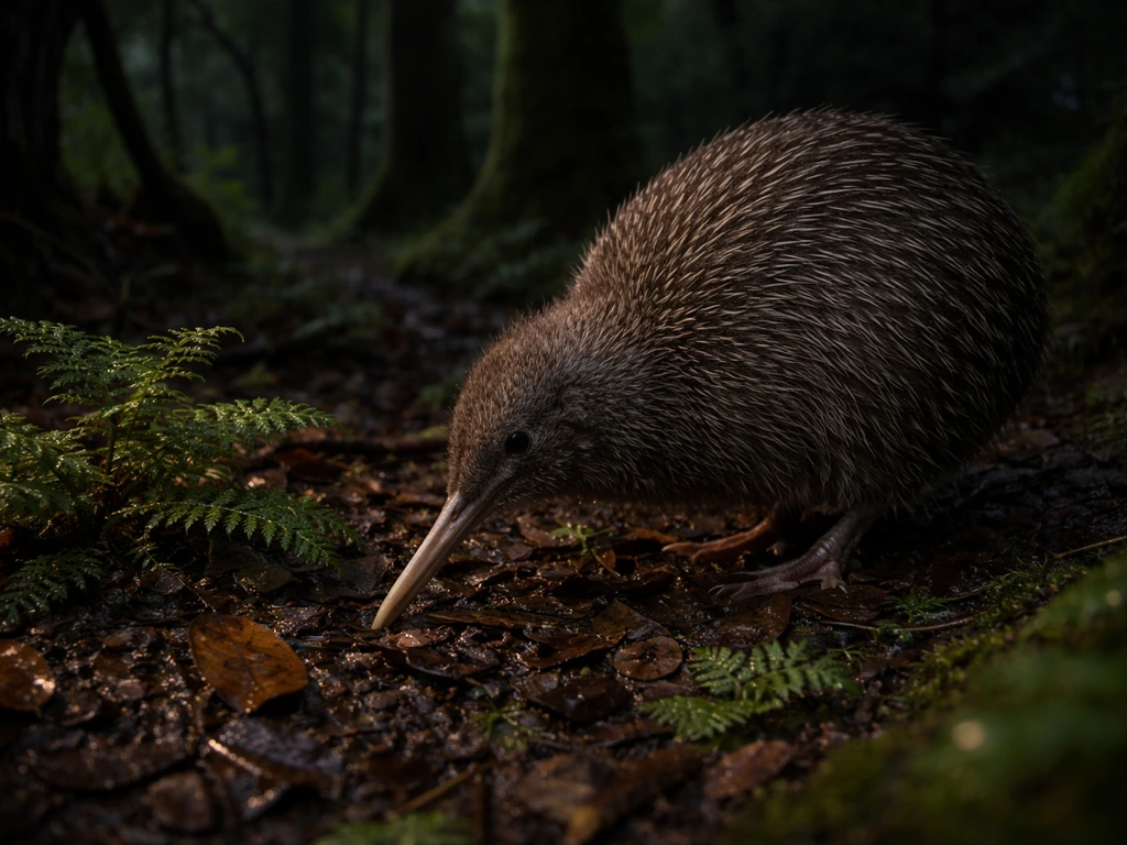 A kiwi bird foraging on a damp New Zealand forest floor at dusk, with ferns and moss nearby.
