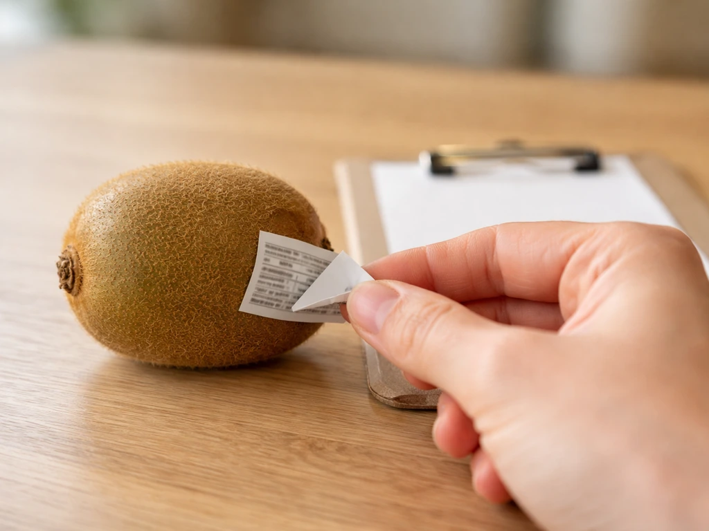 Close-up of a hand holding a kiwi fruit label checklist on a clipboard, focusing on readable product details.