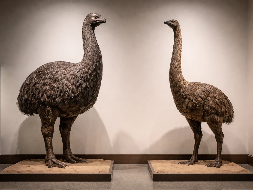 Museum diorama comparing an elephant bird and a moa side-by-side for size scale.