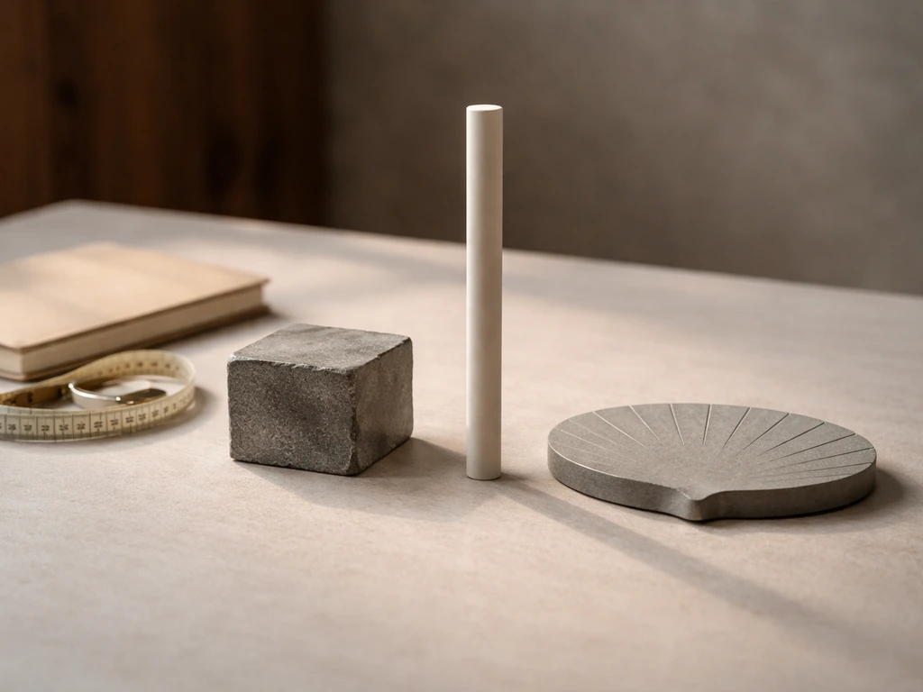 Minimal studio desk with three measurement category objects suggesting a ranked comparison.