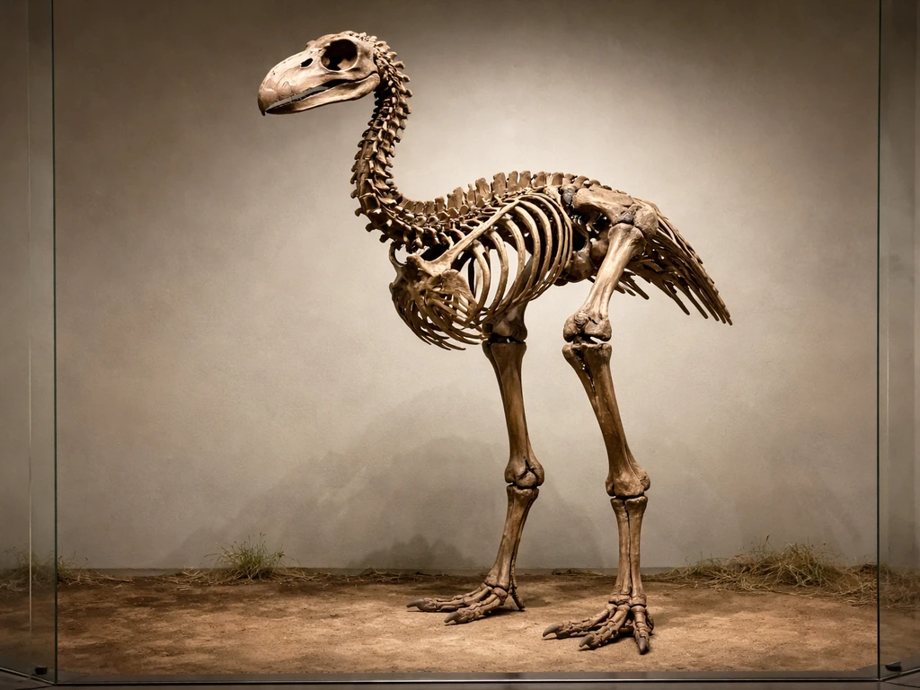 Museum-style reconstruction of the extinct thunder bird Dromornis stirtoni standing in profile