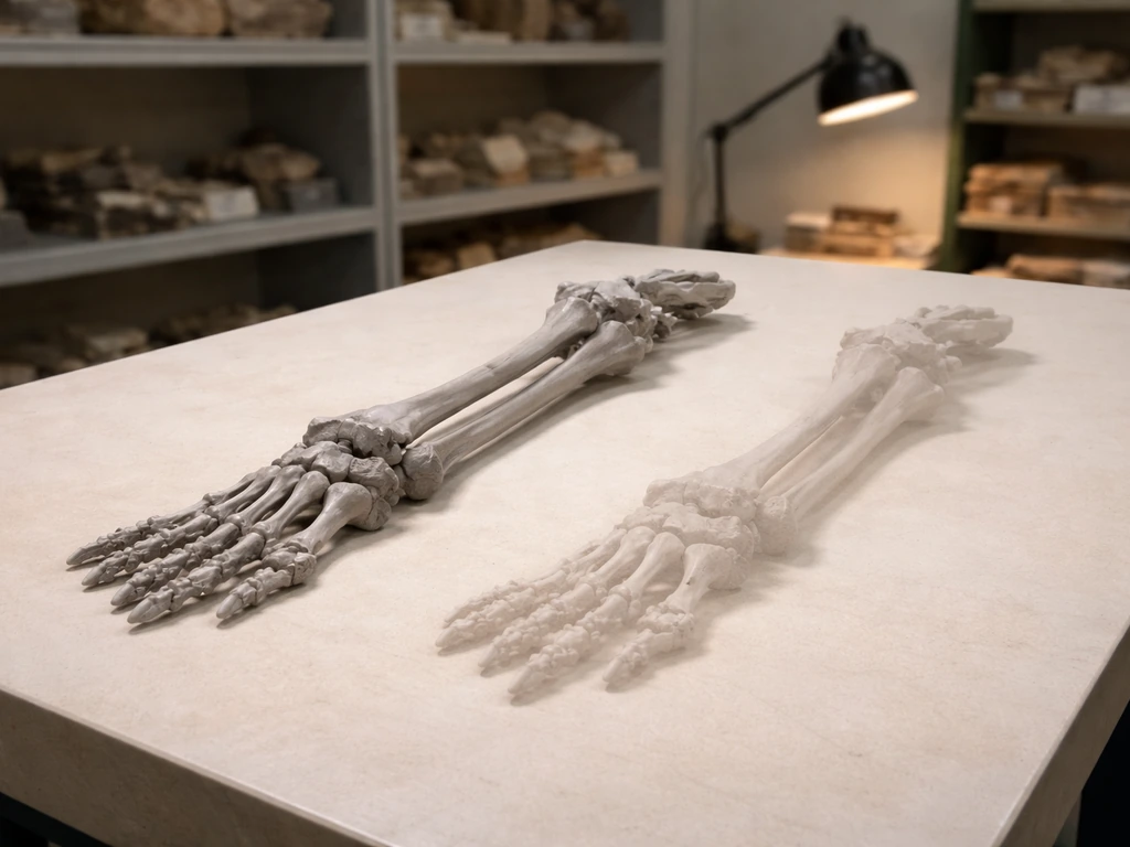 Museum-style skeletal replicas on a lab table, one sharp and one blurred to suggest uncertainty in fossil estimates.