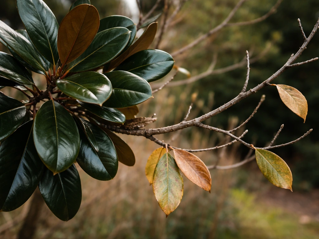 Close-up magnolia branches showing dark glossy evergreen leaves alongside bare twig season contrast.