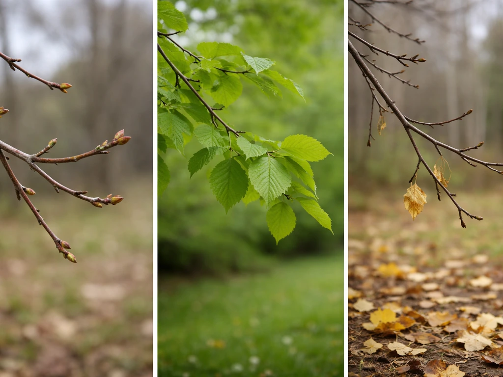 Three-stage branch view: spring buds, full summer leaves, and late-fall yellow leaves.