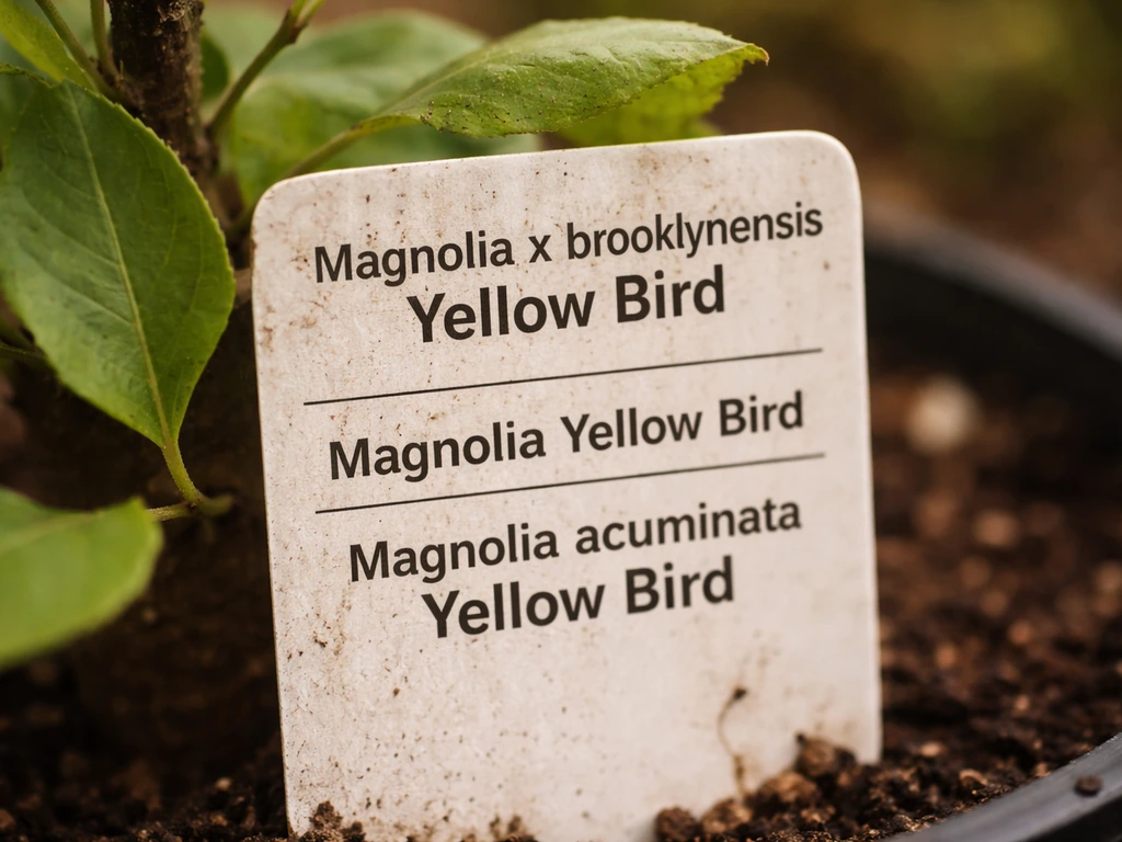Close-up of a small plant nursery tag showing handwritten botanical name variants