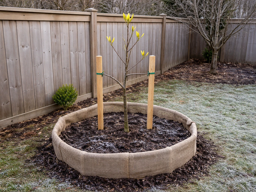 Young magnolia tree with a mulched root zone and small stakes/windbreak in early winter.