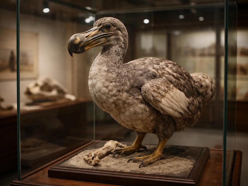Dodo bird museum specimen in a glass case with a simple dark display background