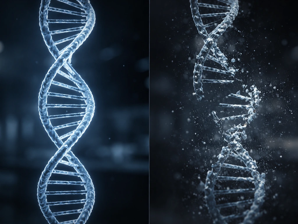 Split view of intact DNA helix transitioning into fragmented ancient DNA strands under lab light