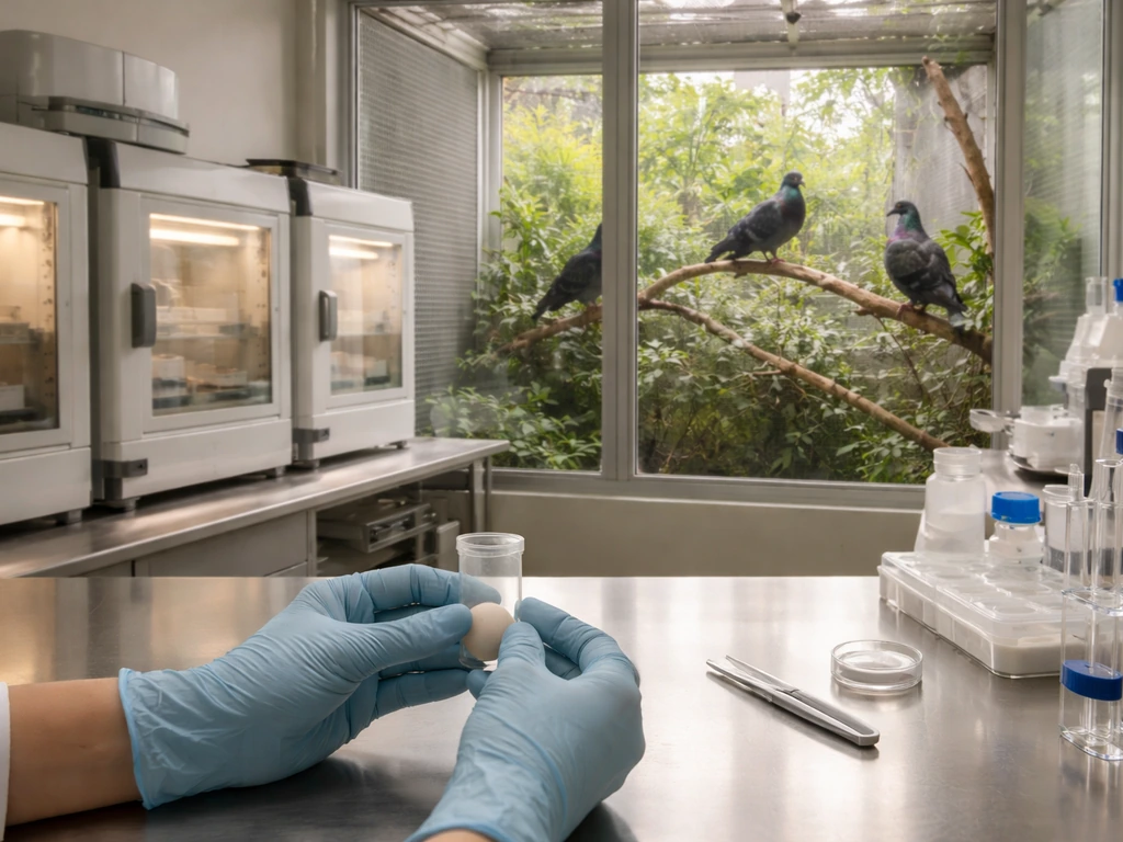 Gloved hands with a specimen container beside a lab window overlooking a quiet pigeon aviary.