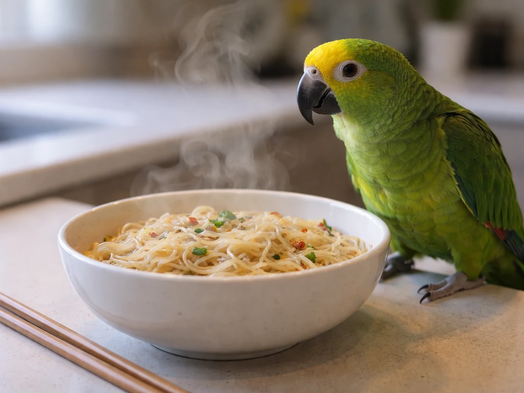 Yellow-crowned amazon-style parrot perched beside a steaming noodle bowl with chopsticks.